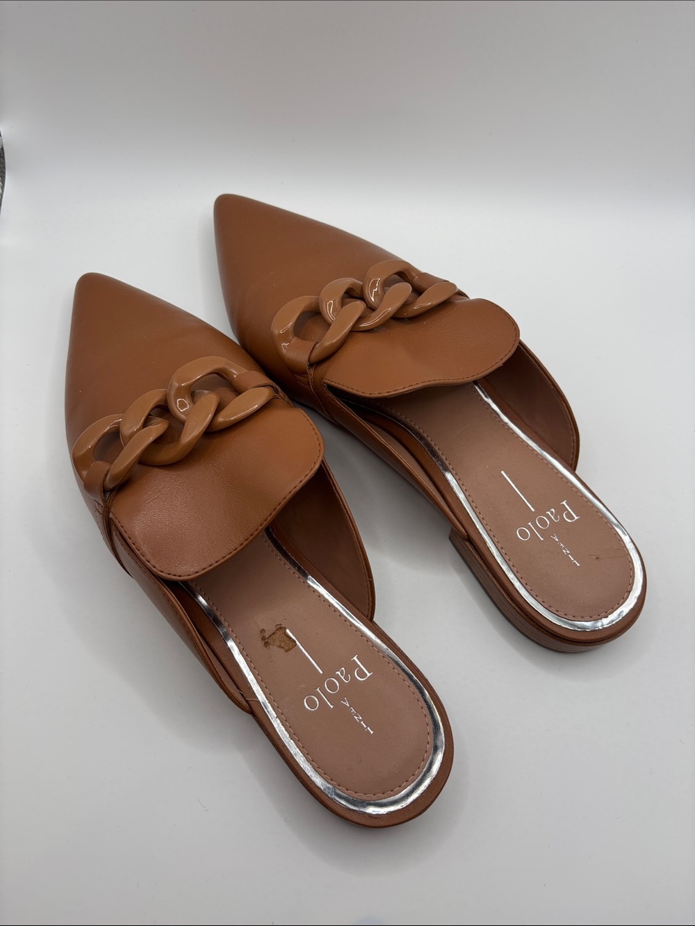 Paolo Brown Pointed-Toe Chain-Trim Slip-On Mules